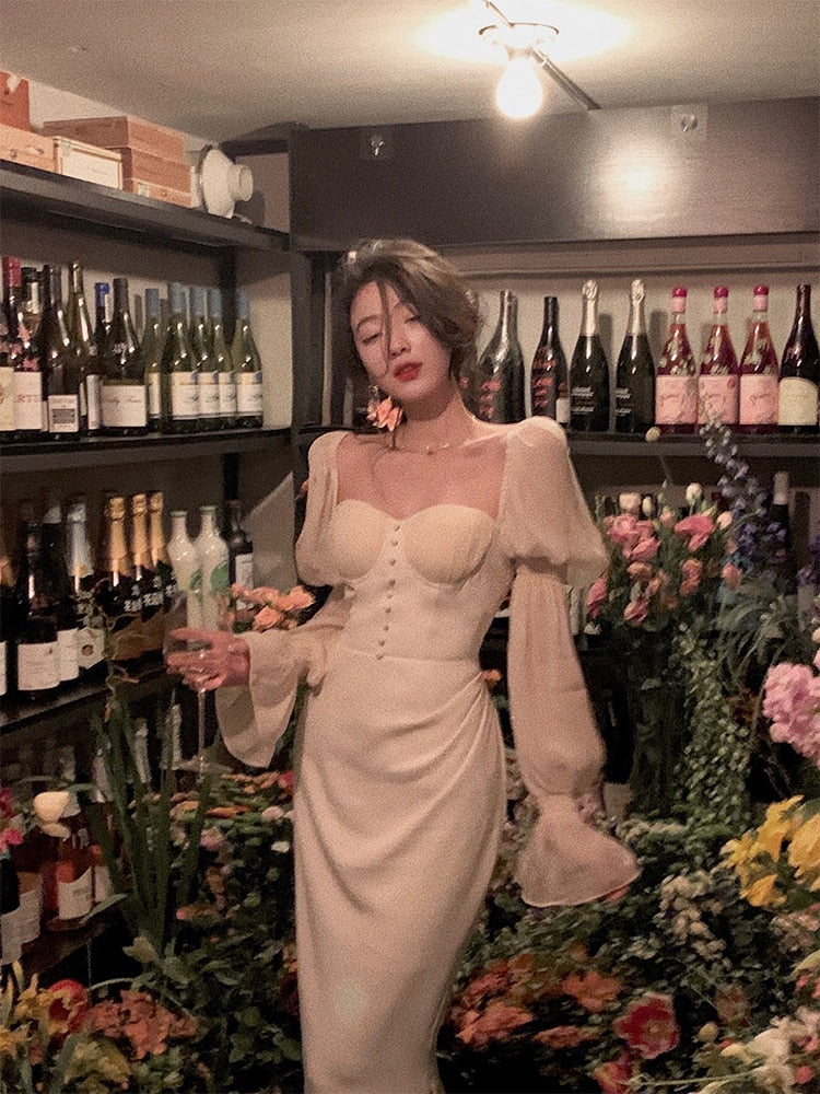 Pearl Elegance Puff Sleeves Midi Dress