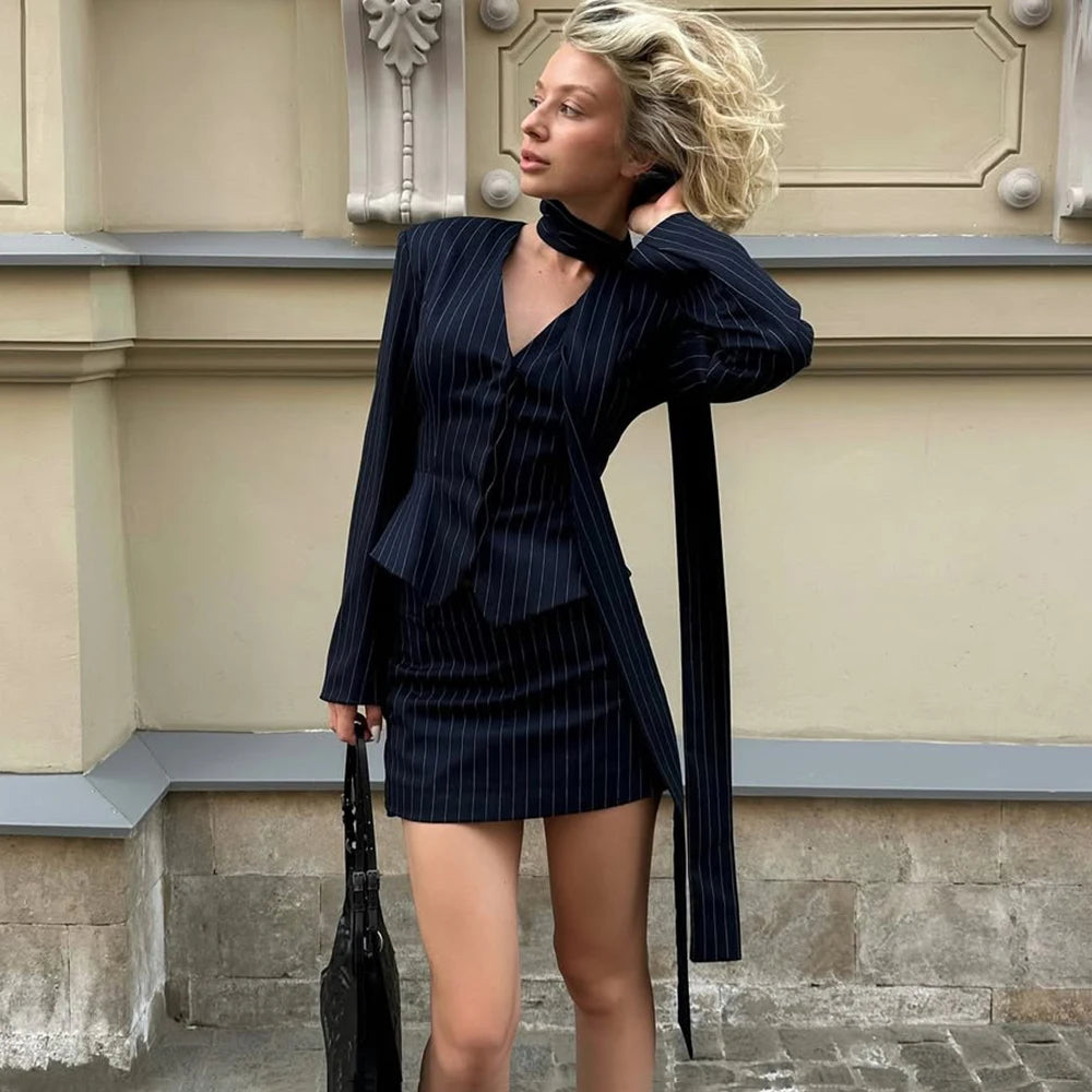 Teresea V Neck Striped Blazer Set