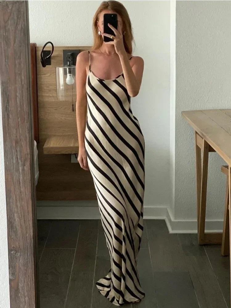 black and white striped backless maxi dress Florie Scoop Neck Halter Maxi Dress Stripe Black