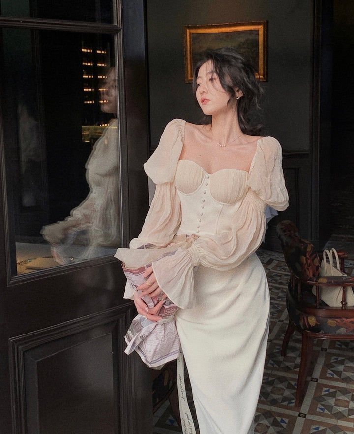 Pearl Elegance Puff Sleeves Midi Dress