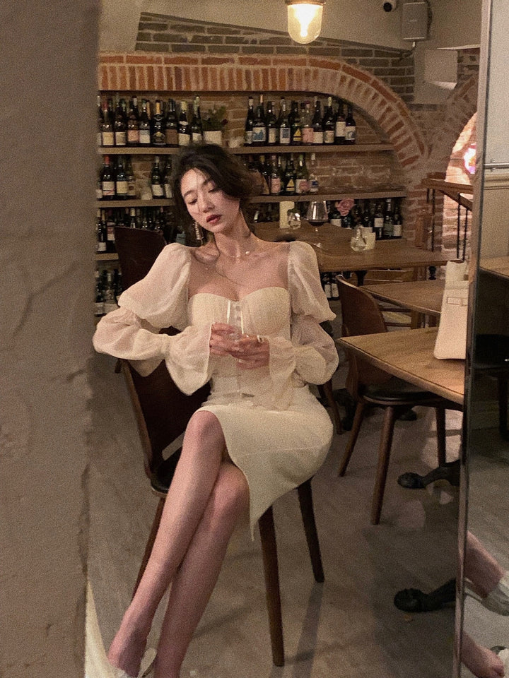 Pearl Elegance Puff Sleeves Midi Dress