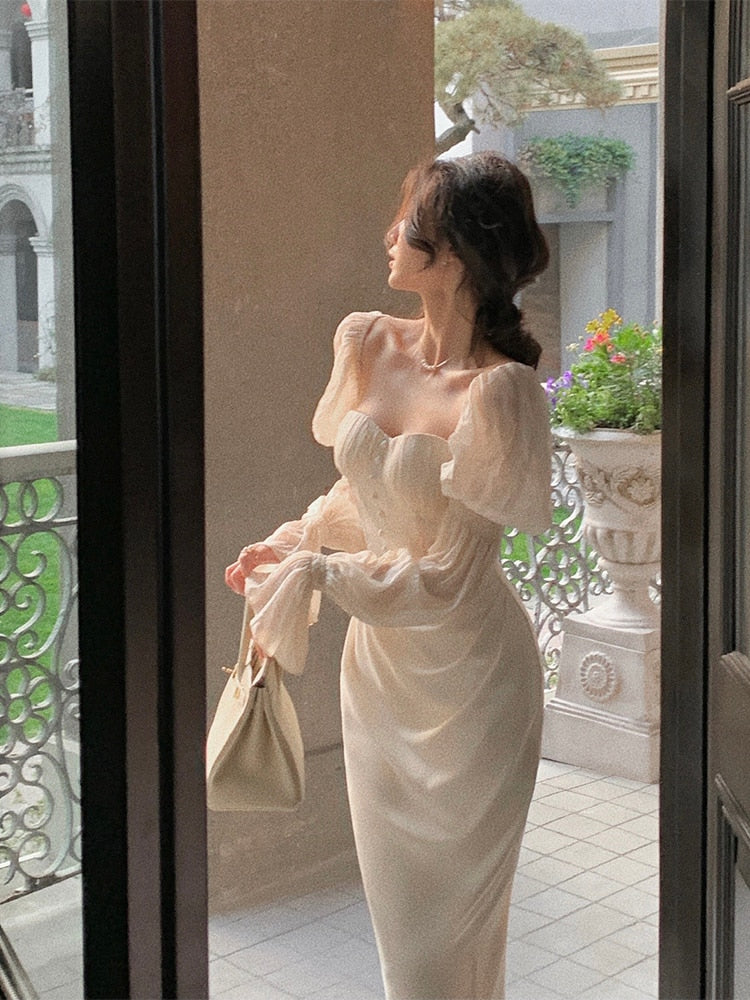 Pearl Elegance Puff Sleeves Midi Dress