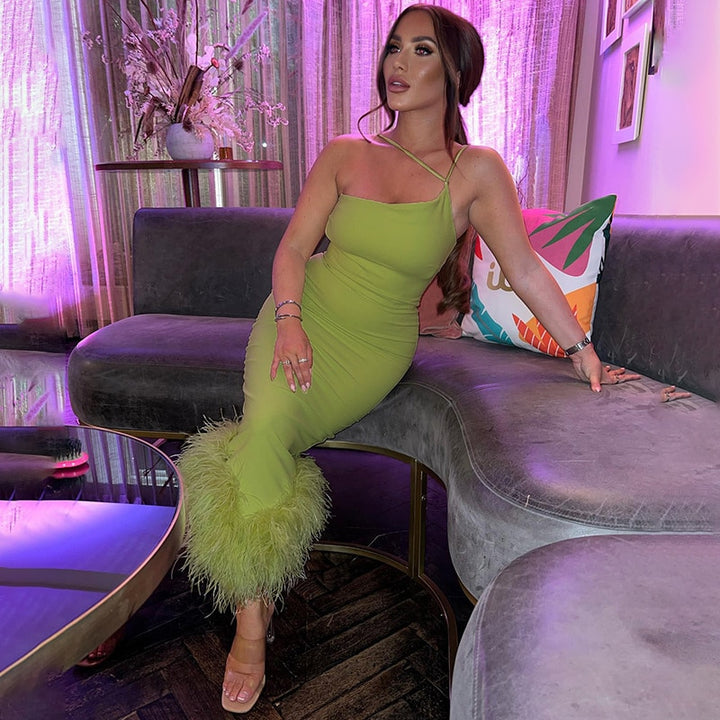 Giana One Shoulder Feather Dress