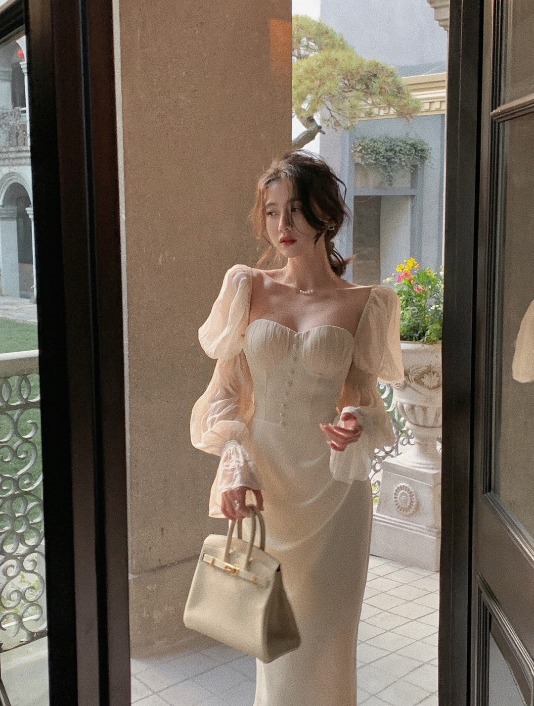 Pearl Elegance Puff Sleeves Midi Dress