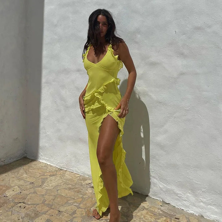 Twisty Twirl High Slit Ruffle Dress