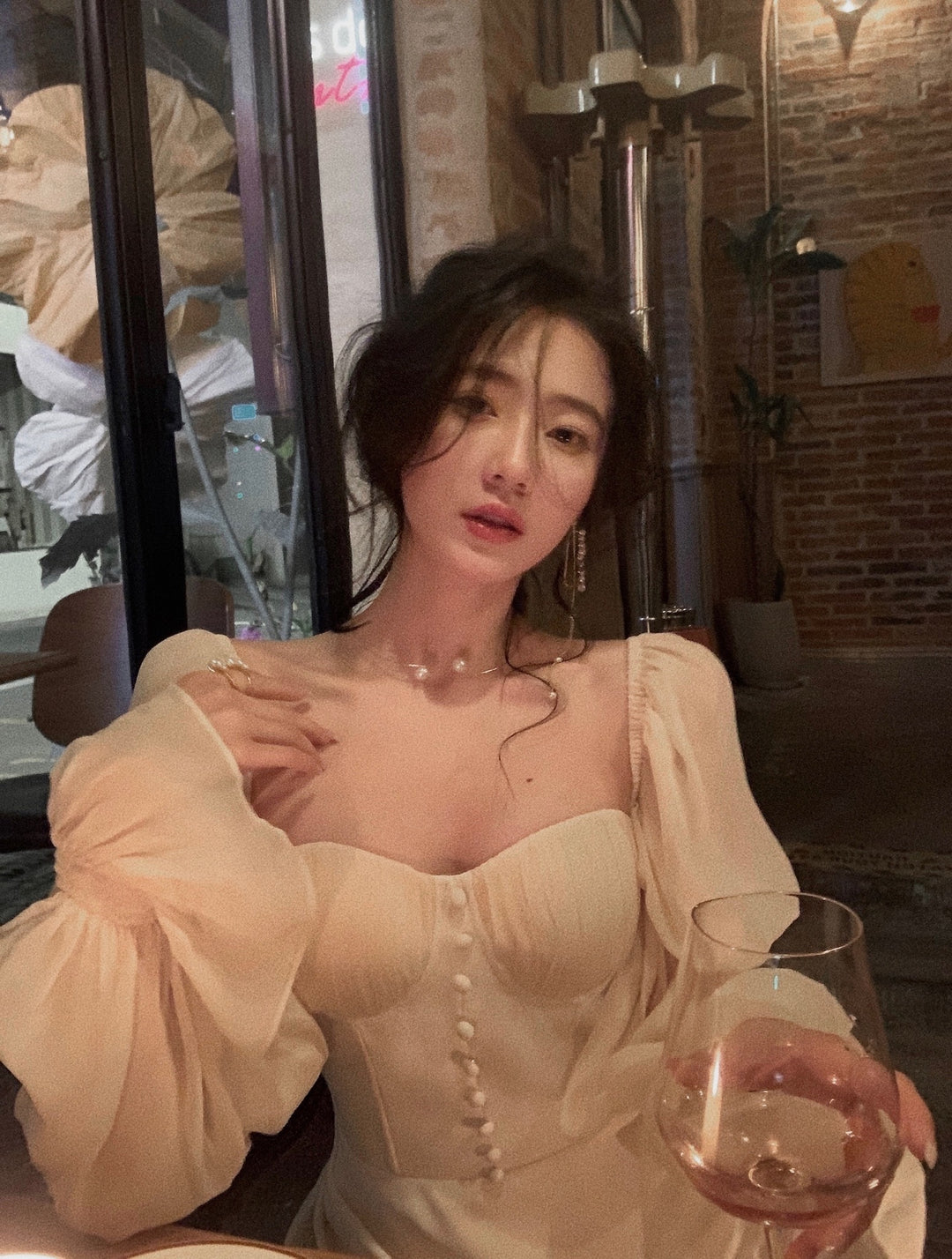 Pearl Elegance Puff Sleeves Midi Dress