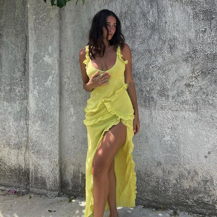 Twisty Twirl High Slit Ruffle Dress