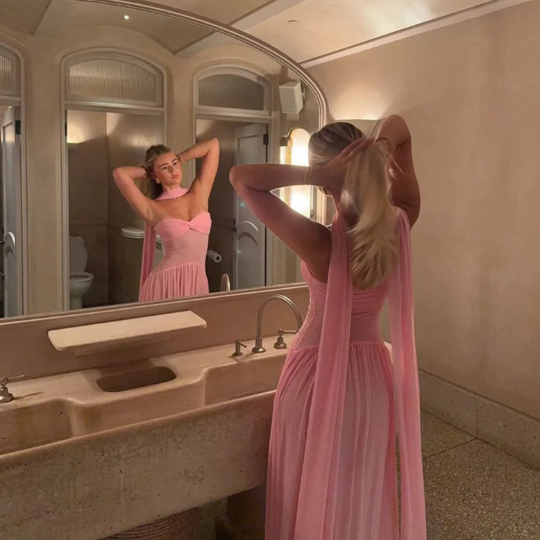 Masella Mesh Maxi Dress With Scarf