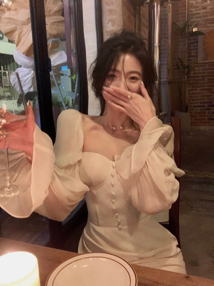 Pearl Elegance Puff Sleeves Midi Dress