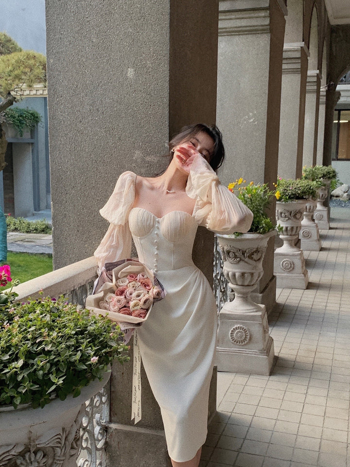 Pearl Elegance Puff Sleeves Midi Dress