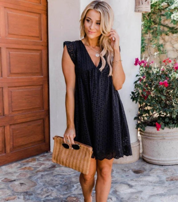 Plus Size 3XL Oversized Mini Dress Sexy Hollow Out Lace V Neck Ruffle Sleeve A Line Sundress Summer Dress with Pocket and Lining - Bella Chix Co