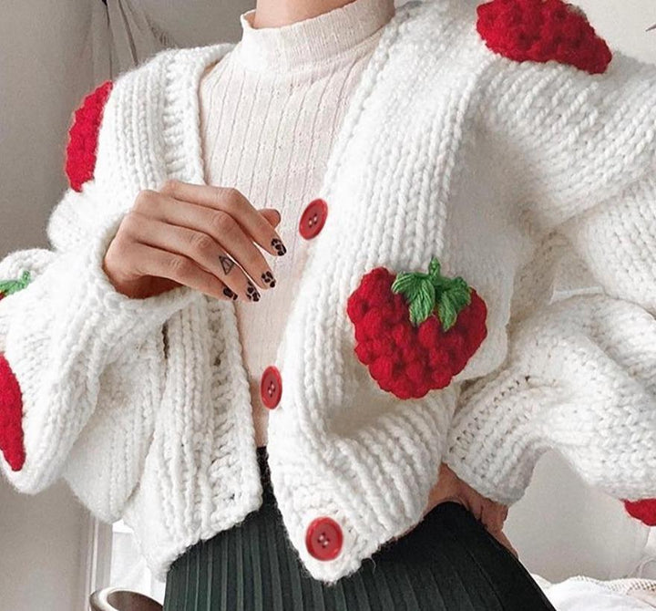 Strawberry Kintted Long Sleeve Cardigan Sweater - Bella Chix Co