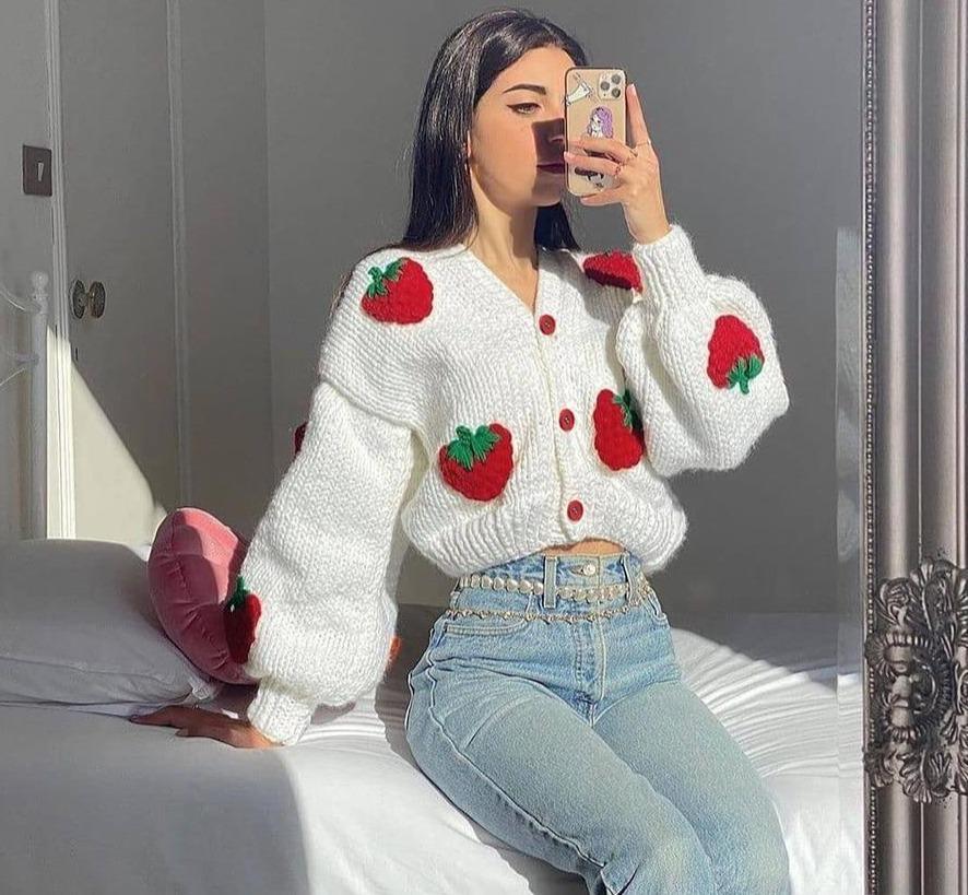 Strawberry Kintted Long Sleeve Cardigan Sweater - Bella Chix Co