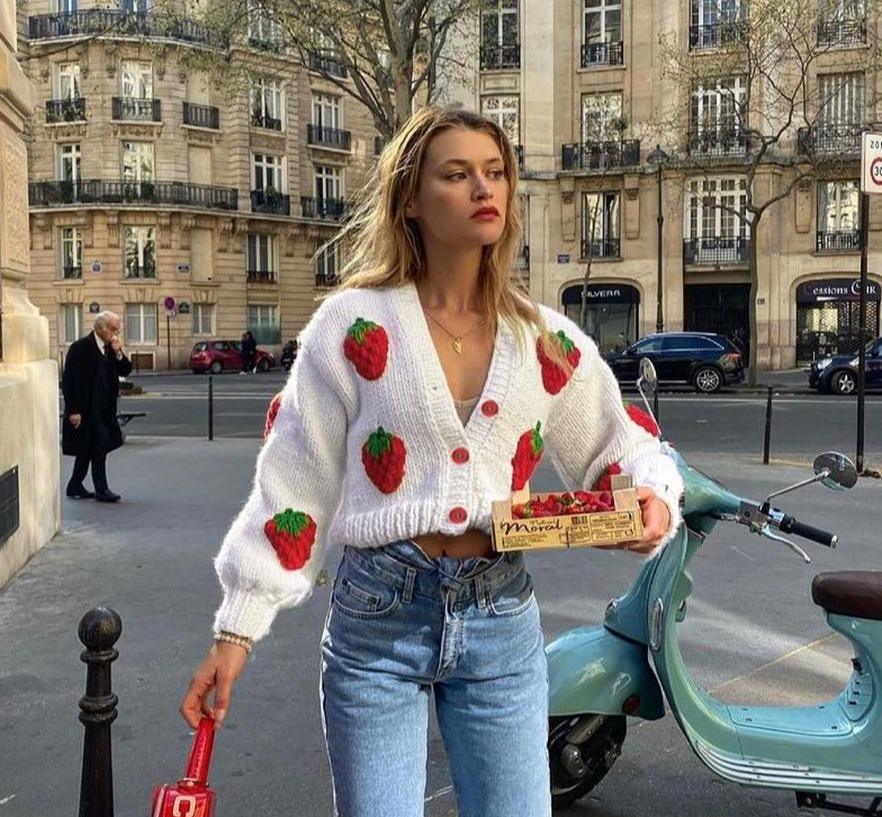 Strawberry Kintted Long Sleeve Cardigan Sweater - Bella Chix Co