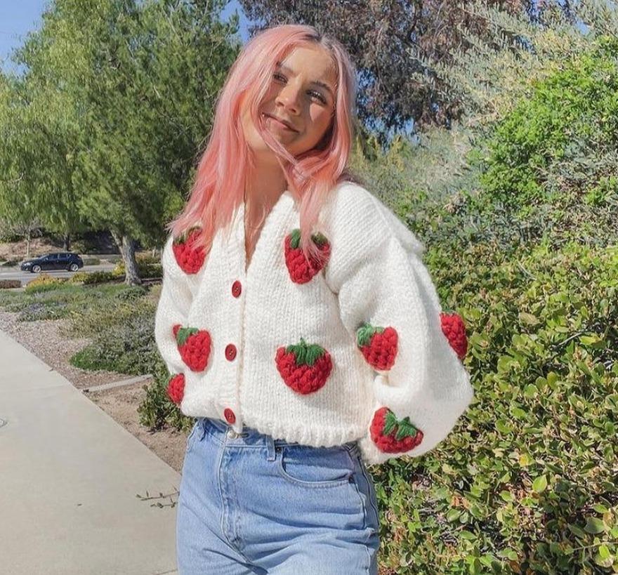 Strawberry Kintted Long Sleeve Cardigan Sweater - Bella Chix Co