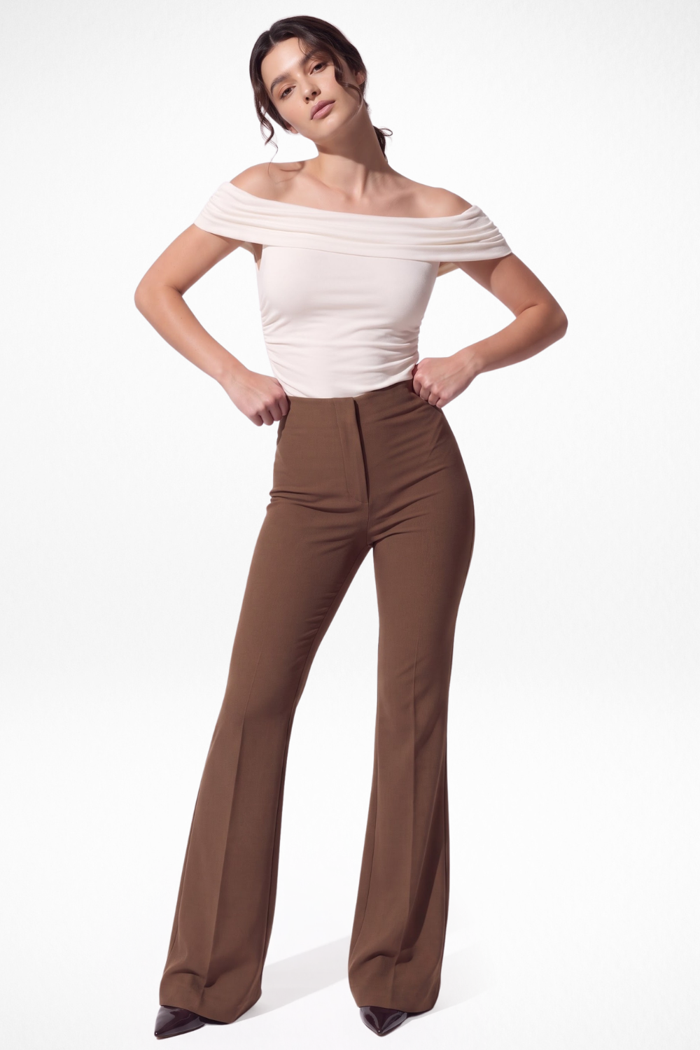 Ivy Sculpted High Waist Bootcut Trousers - Brown