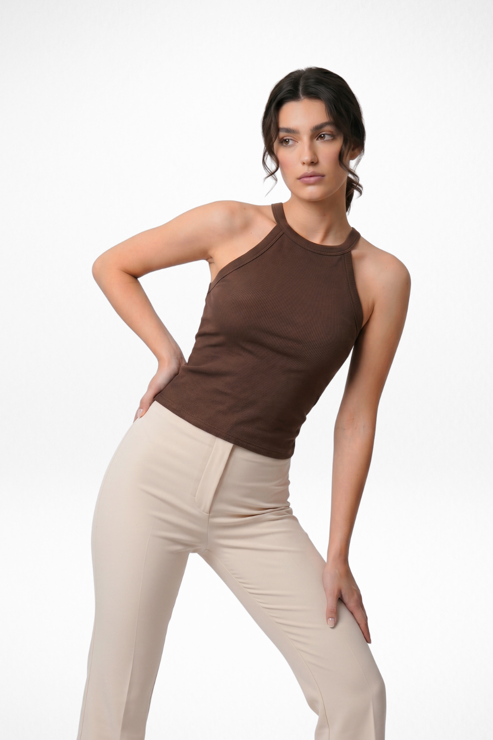 Hazel Halter Neck Inbuilt Bra Top - Coco Brown