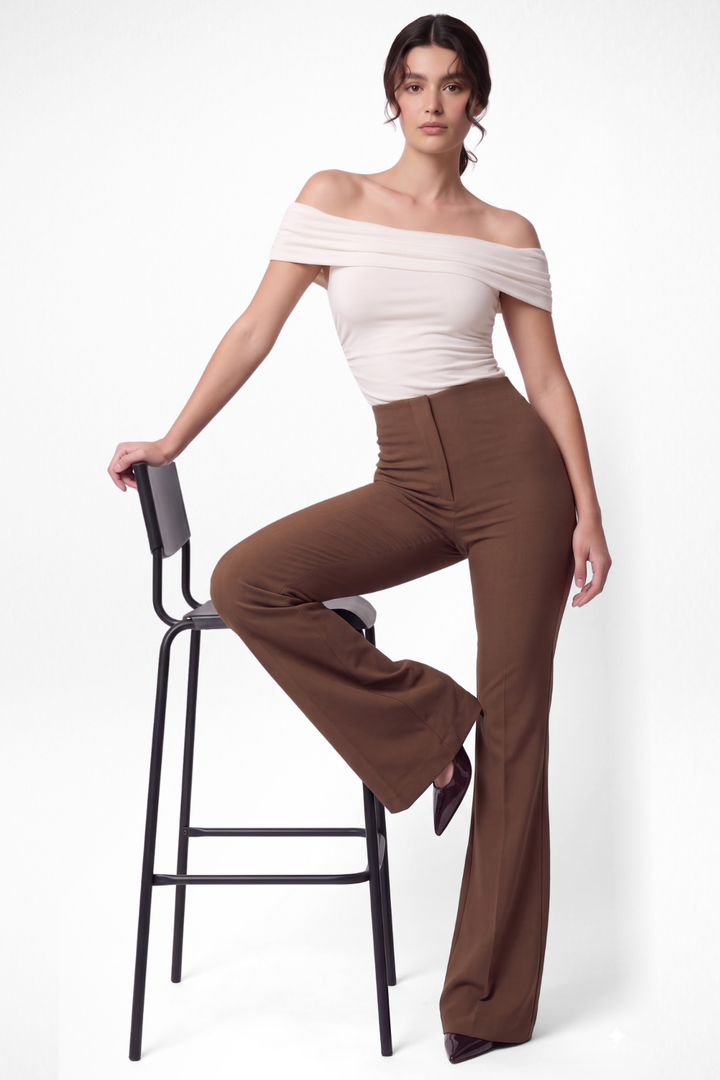 Ivy Sculpted High Waist Bootcut Trousers - Brown