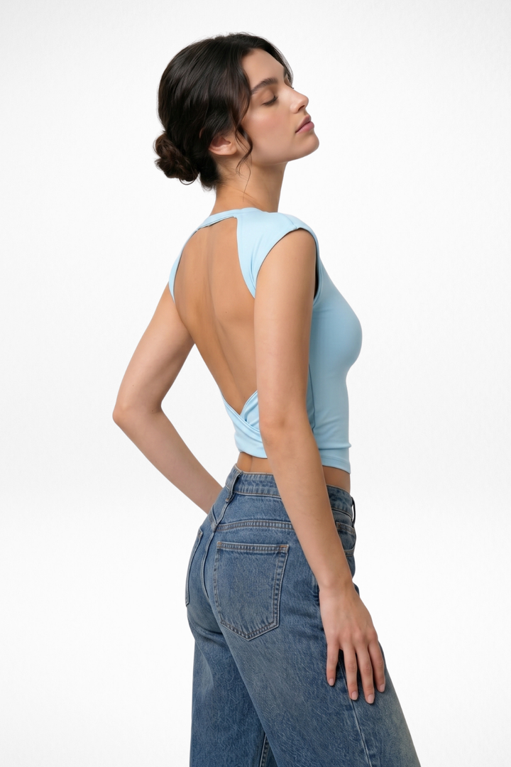 Muse Backless Inbuilt Bra Top - Ice Blue