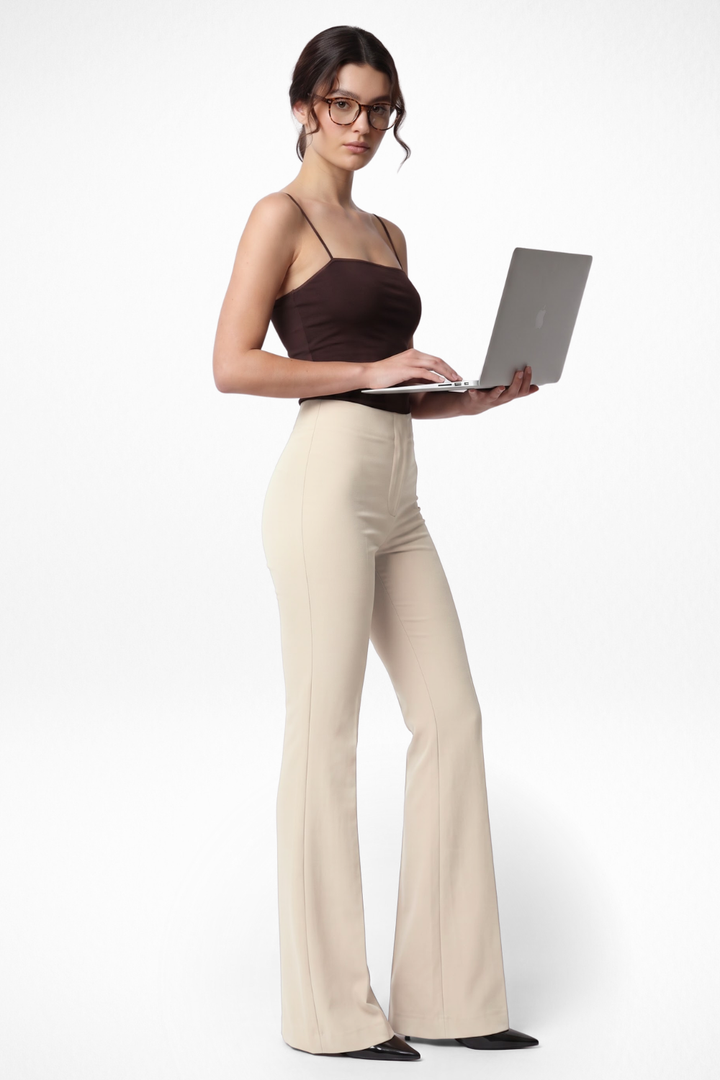Ivy Sculpted High Waist Bootcut Trousers - ButterCream Beige