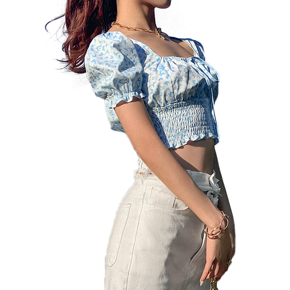 Blue Barry Butterfly Print Crop Top