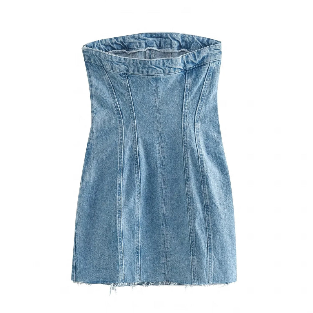 bare denim dresses Bare Shoulders Babe: Blue Elastic Strapless Denim Mini Dress Canary Houze