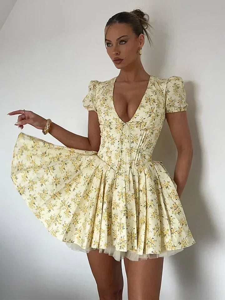 Lemon Bloom V-Neck Mini Dress