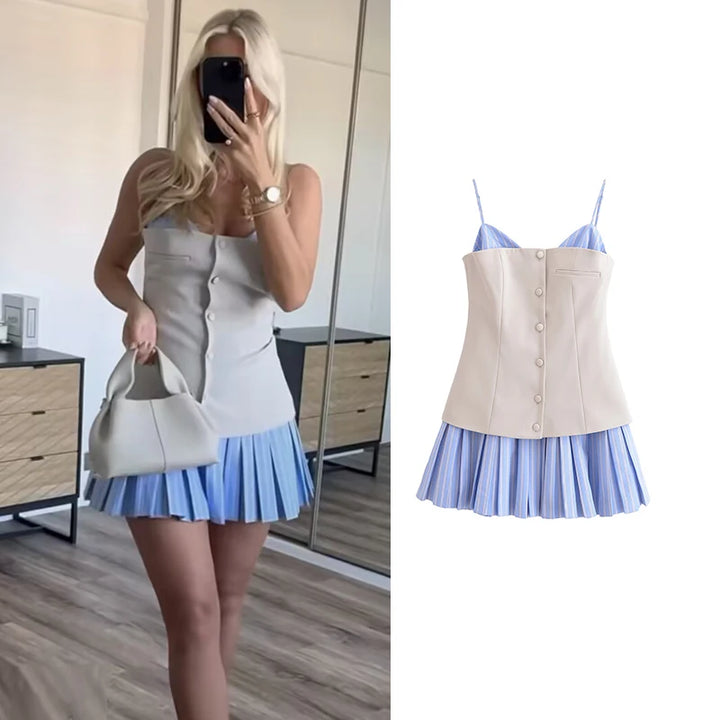 Trina Patchwork Pleated Mini Dress