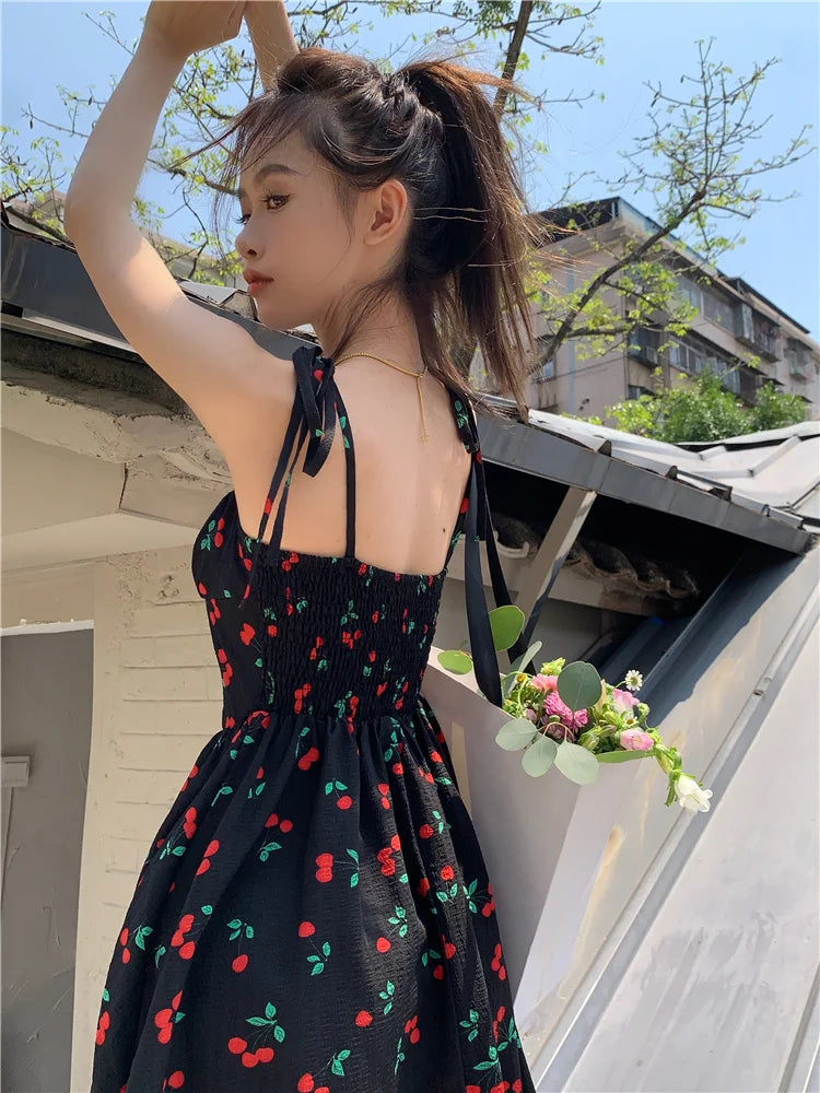 black dress with red cherries Cherry Brocade Midi Dress Teuta Matoshi