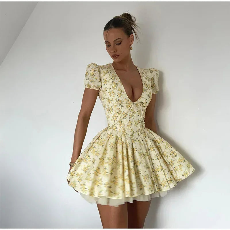 Lemon Bloom V-Neck Mini Dress