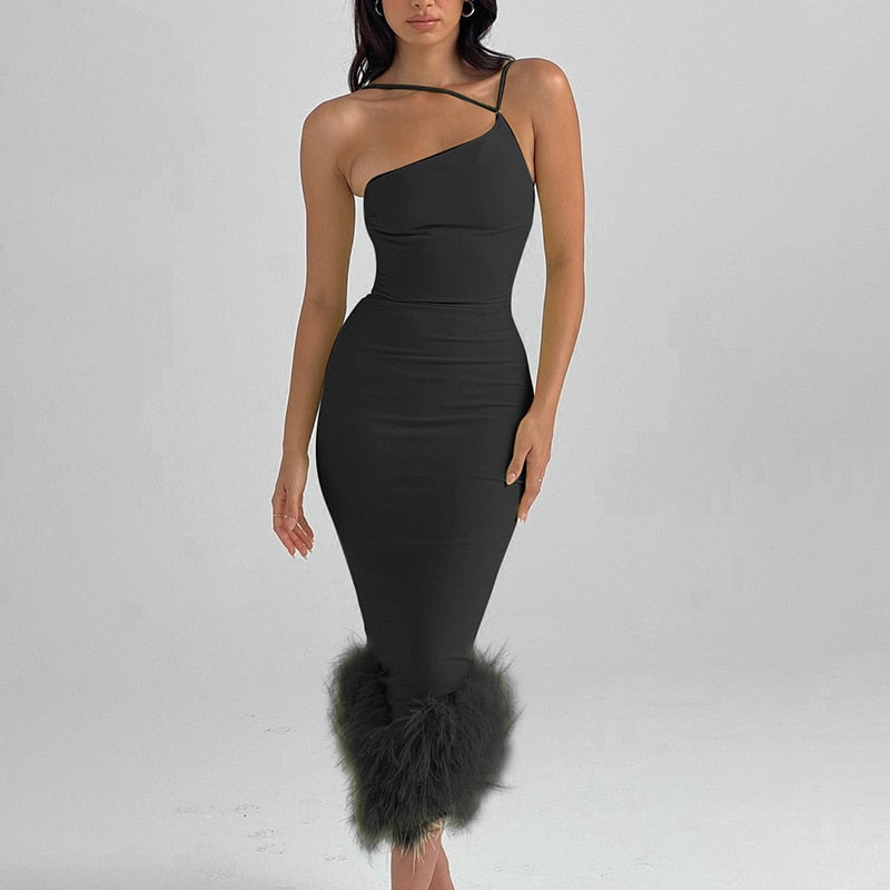 Giana One Shoulder Feather Dress