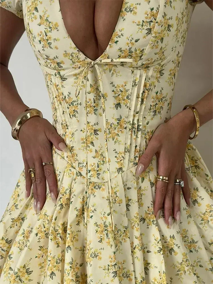 Lemon Bloom V-Neck Mini Dress