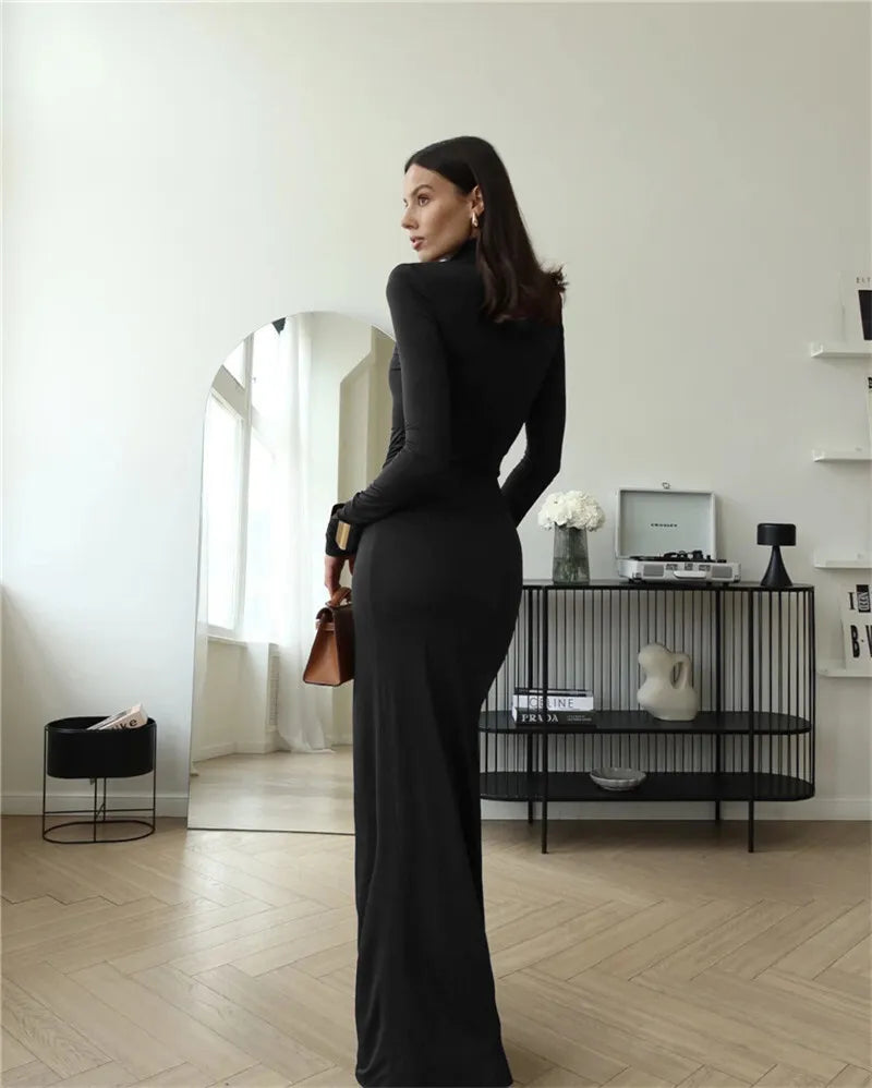 long sleeve thigh split maxi dress V-neck Long Sleeve Split Maxi Dress XH1221