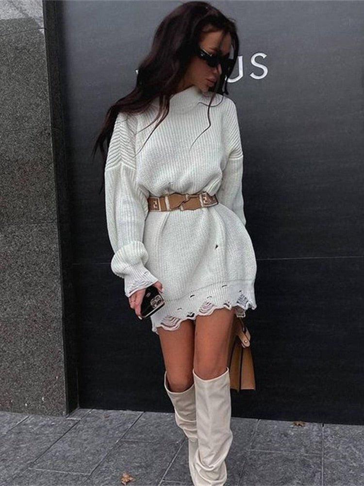 Fuzzy Torn Knitted Sweater Dress White / S